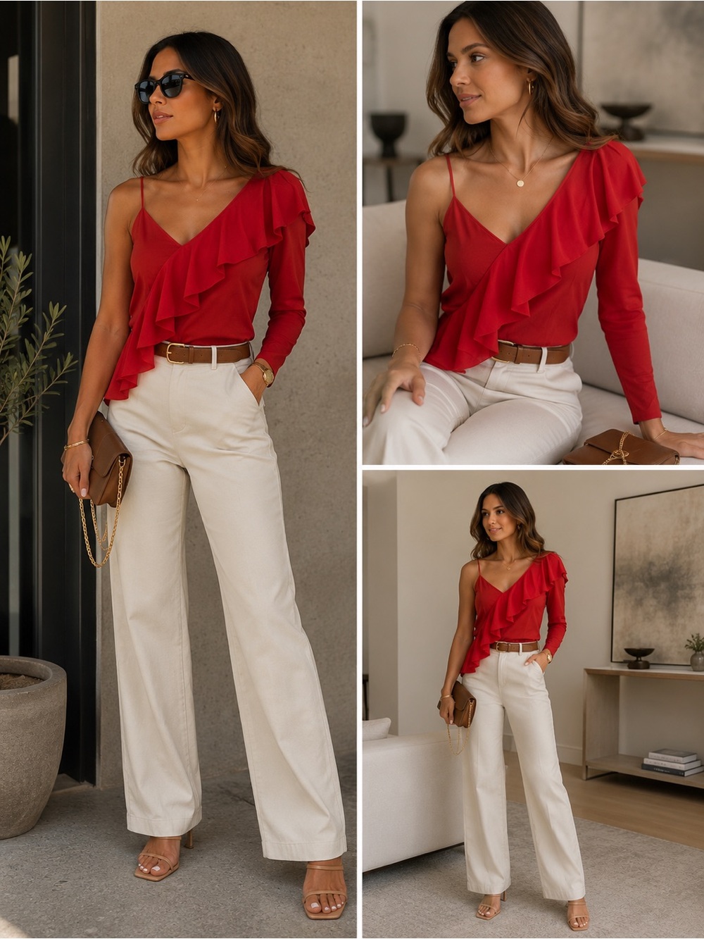 Diane Von Furstenberg Red One-Shoulder Ruffle Top size 8